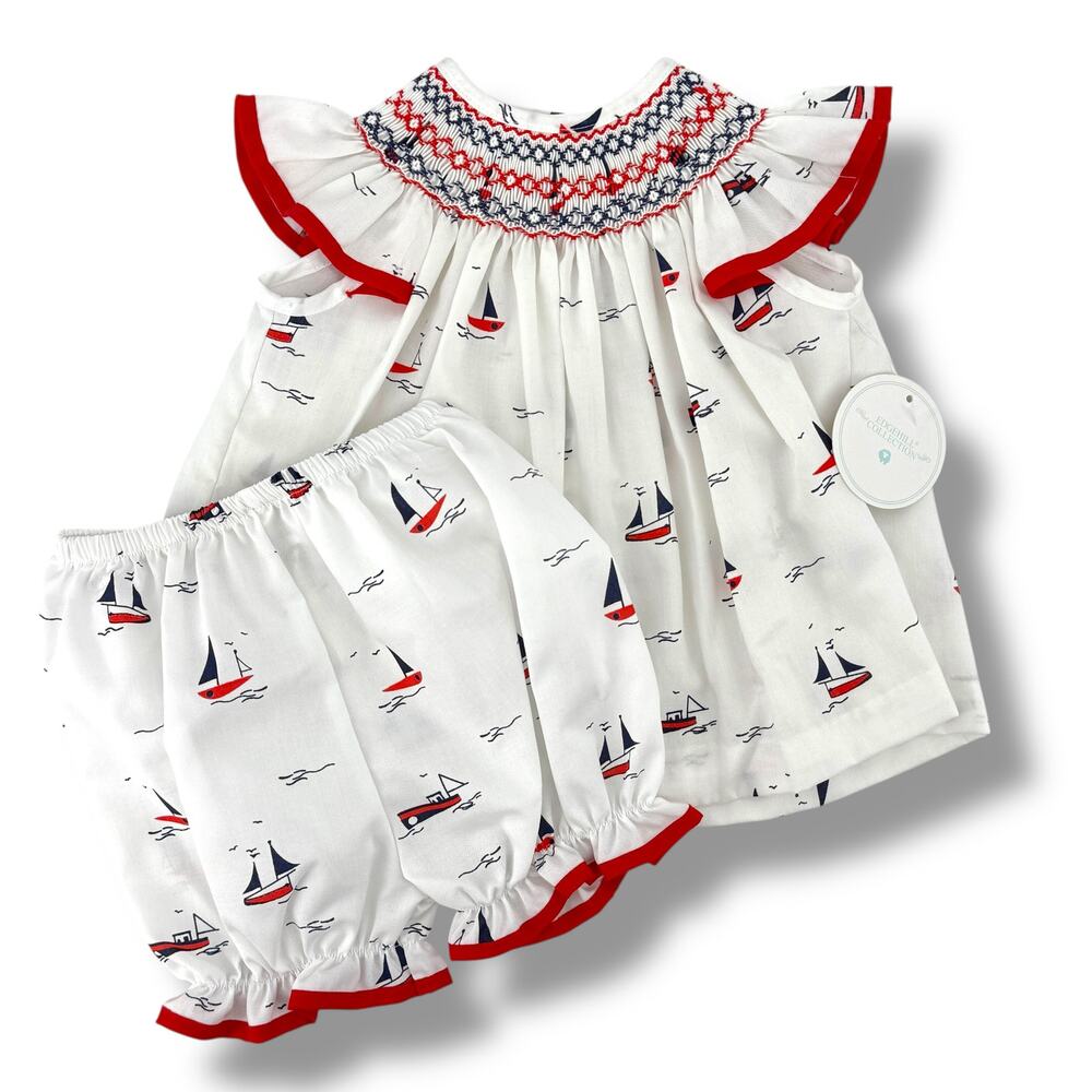 Edgehill Collection Smocked Bishop Dress Bloomers Set Sz 9 M Nautical Sail Boat